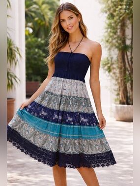 TERIA YABAR Strapless Boho Midi Dress in Navy and Teal Paisley